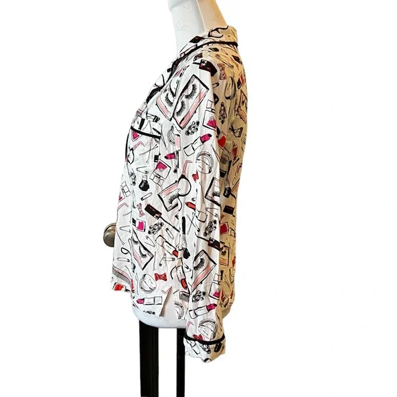 Kate Spade Dream A Little Dream Makeup Print Pajama Top Only Lightweight Flannel - Picture 2 of 8
